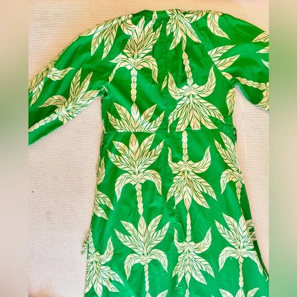 H&M Cotton Green & White Palm Leaf Tie Midi Maxi Long Sleeve Dress - Picture 9 of 14